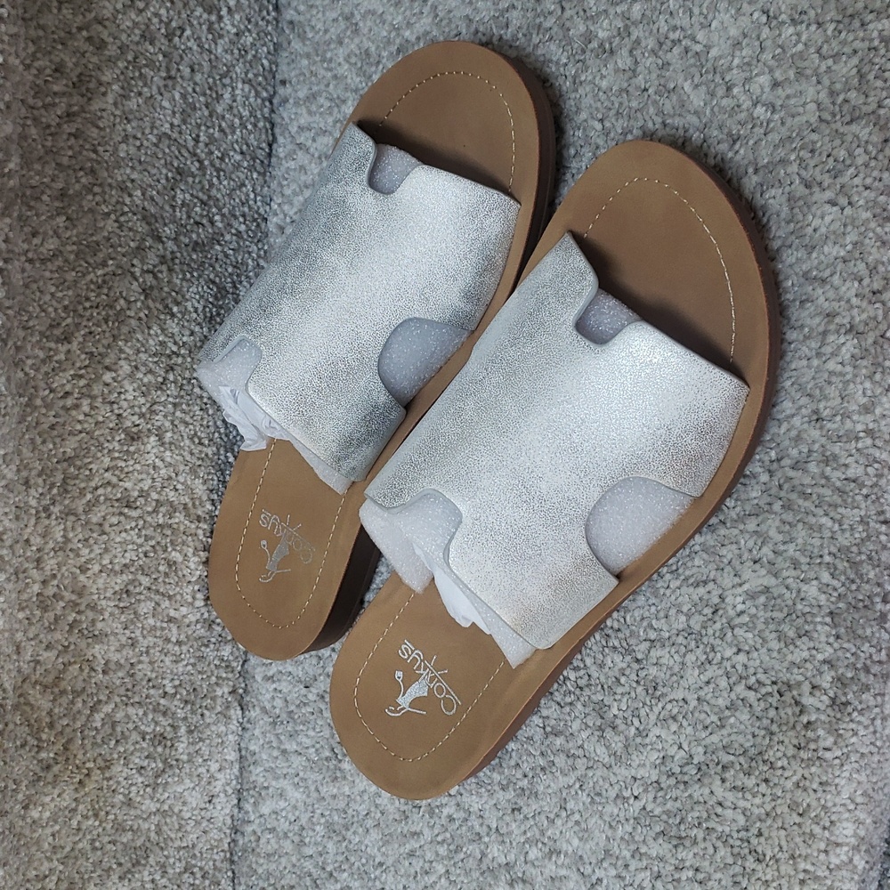 Corkys Metallic Silver Slide Sandals